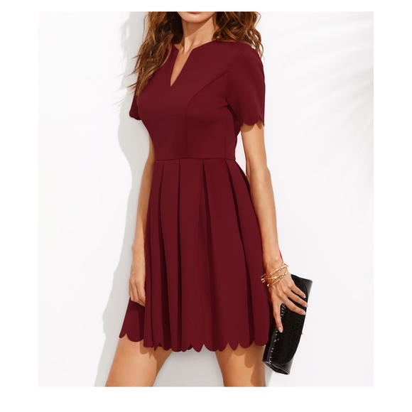 Burgundy Red V Neck Fit & Flare Scallop Dress - Picture 2 of 7